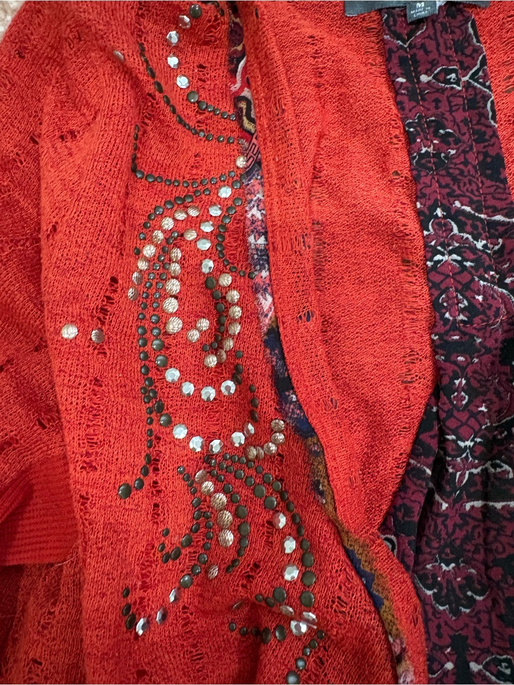 Miss Me Red Open-Knit Sweater with Stud Embellishment
